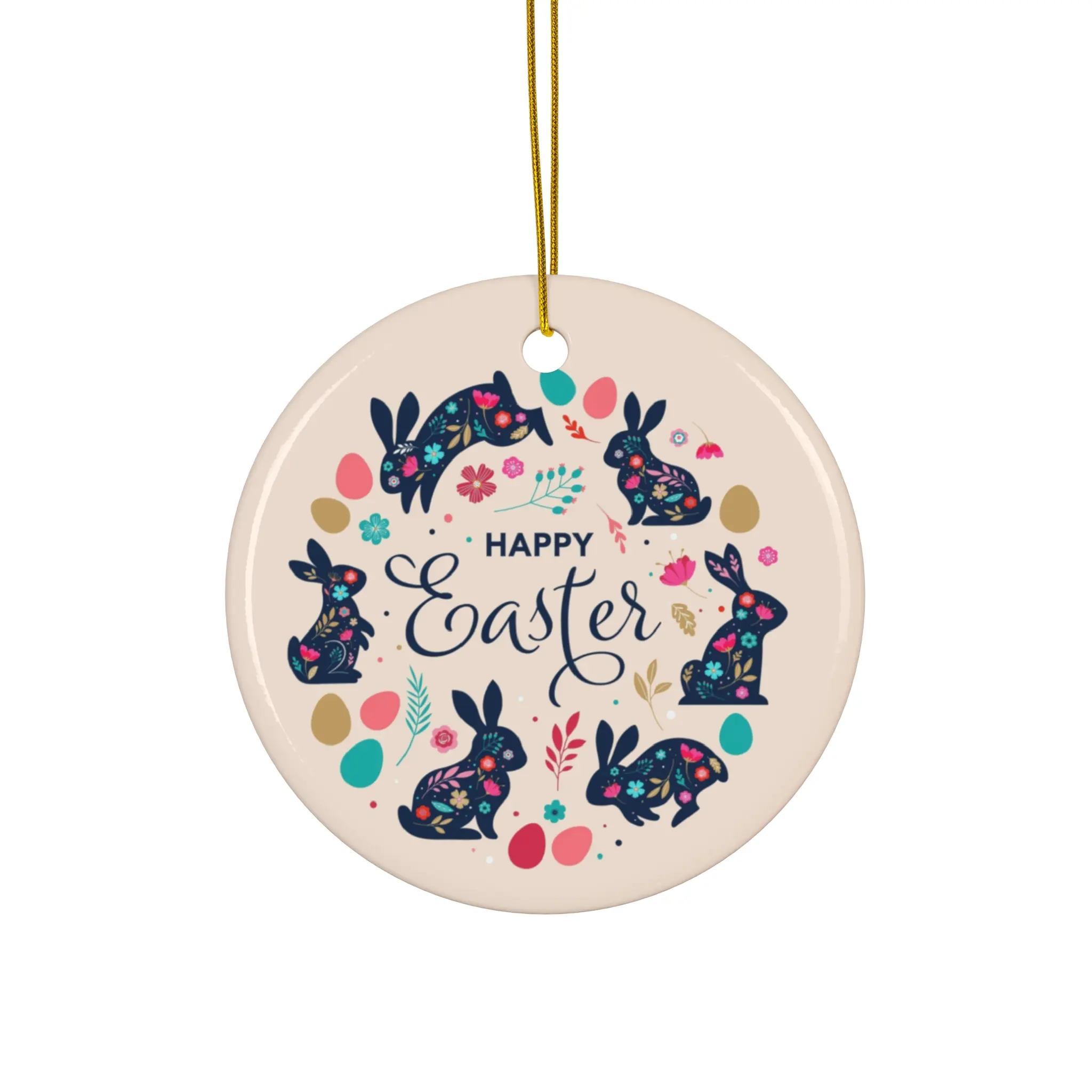 Happy Easter Bunny Wreath Ceramic Ornament | Round Easter Decoration