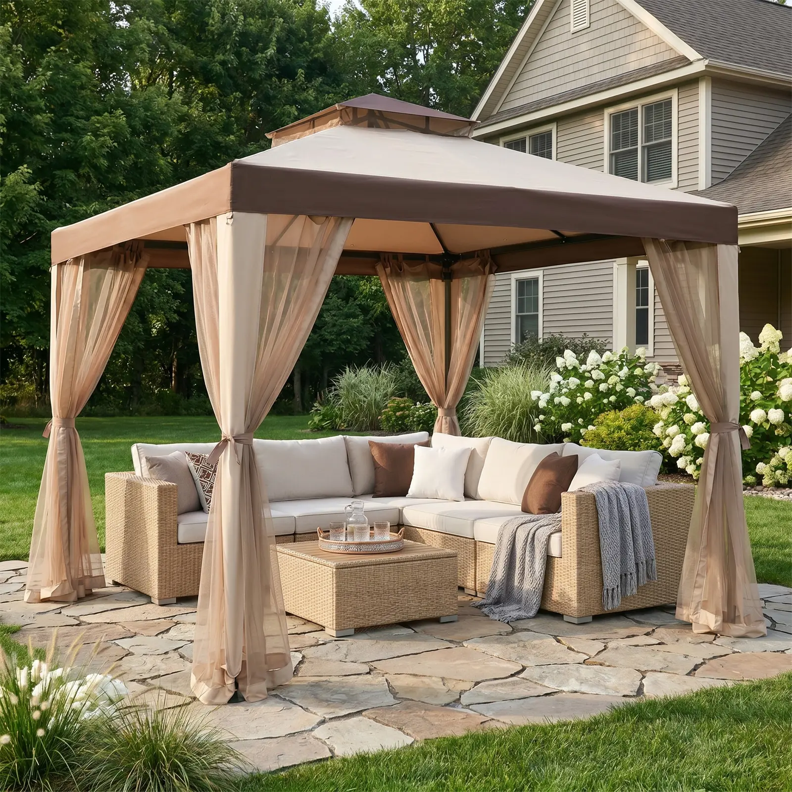 10×10 Patio Gazebo – Outdoor Canopy with Mosquito Netting & Curtains, Double-Tier Roof, Round Leg Marquee Shelter for Garden, Deck, Backyard & Lawn, Perfect for Summer & Mother’s Day homeessentials