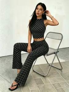 Women's Polka Dot 2 Piece, Sleeveless Crop Top & High Waist Flare Pants, Y2K Casual Bodycon Loungewear for Club Streetwear