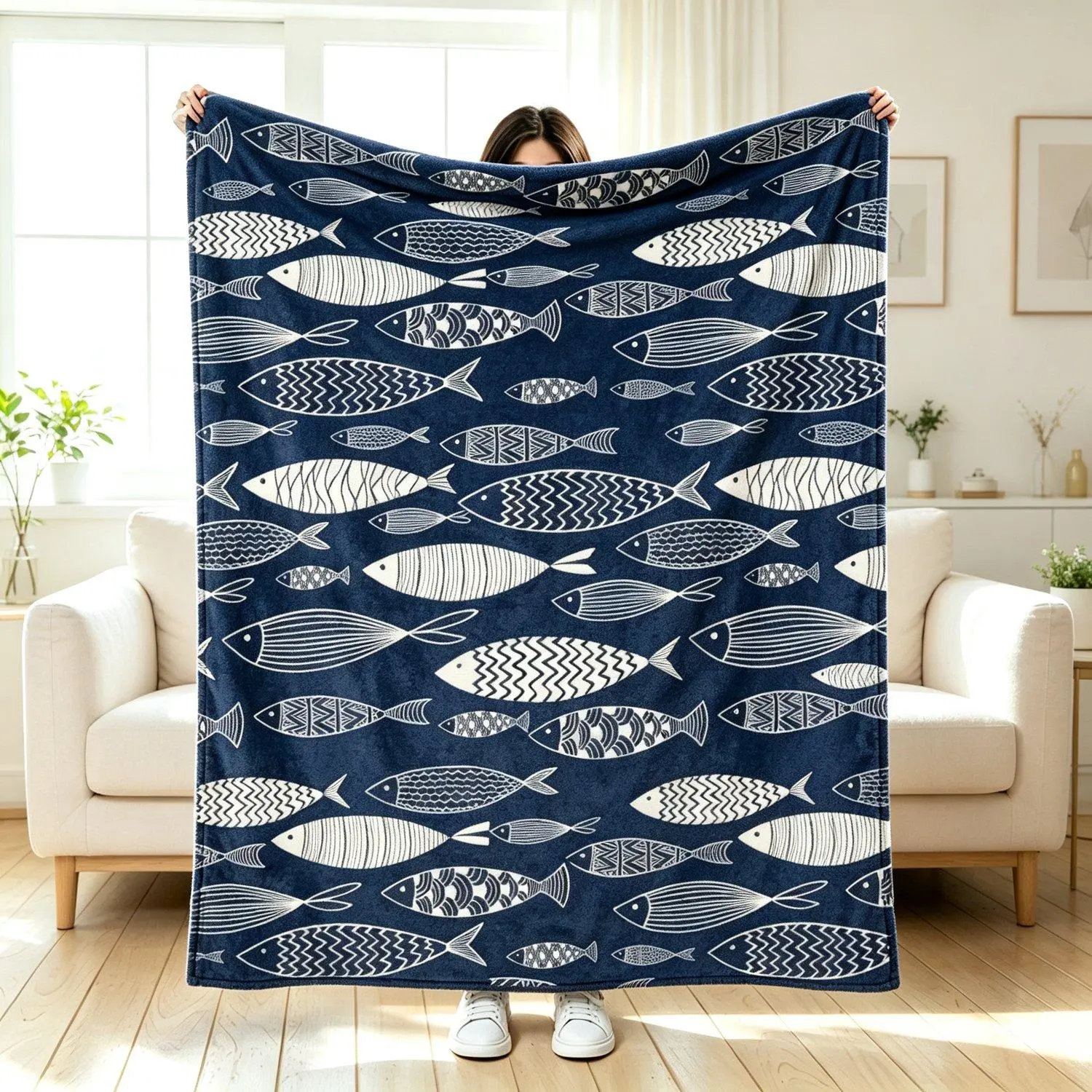 Coastal Navy Geometric Fish Pattern Throw Blanket, Minimalist Ocean Animal Soft Flannel Blanket, Nautical Decor Lightweight Blanket for Sofa Bed Camping, Aesthetic Sea Creature Home Decor Blanket