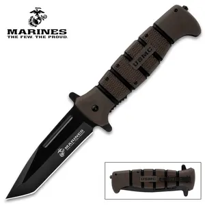 "USMC Tanto Maximum Pocket Knife   5 1/2"" Blade   12 1/2"" Overall   Textured TPR and Polypropylene Handle   Steel Pocket Clip and Glass Breaker"