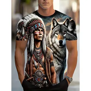Men's 3D Native American Tribal Warrior T-Shirt Wolf Feather Headdress Bold 3D Print Lightweight Breathable Short Sleeve Casual Statement Wear Cultural Apparel Themed Events Everyday Use Summer Comfort Round Neck Regular Fit
