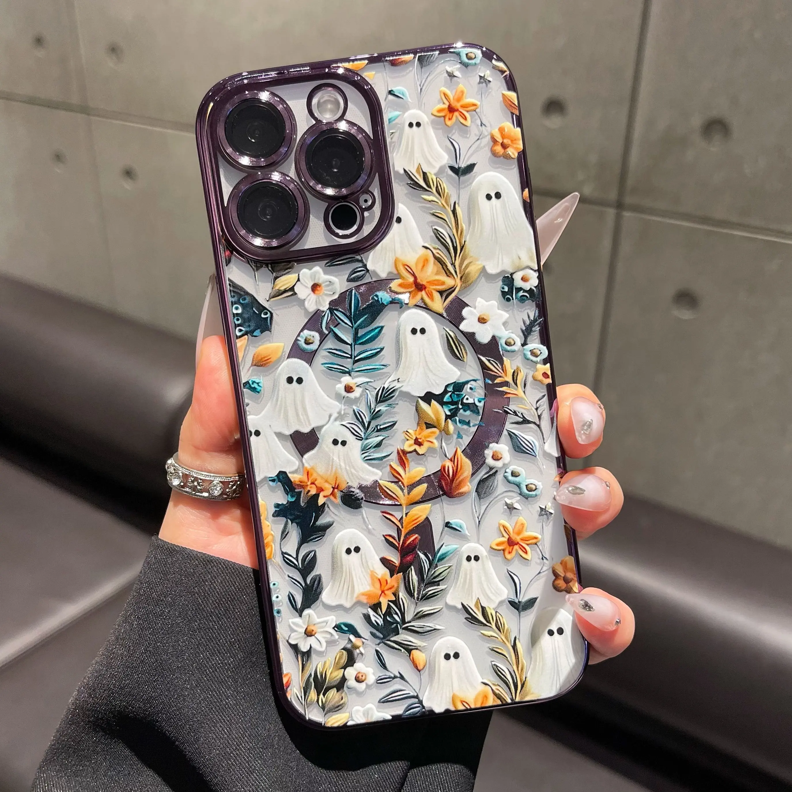 Magnetic Halloween Cute Ghost Flower Lens Film TPU Smartphone Case for iPhone 17Pro Max, 16, 15, 14Plus, 13, 12, 11 (Air Compatible), Fashion Handheld Casing with Advanced Shock-Drop-Scratch Protection, Durable Silicone Cover, Girl Gifts.HY25, Devices