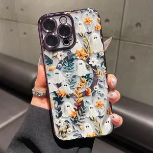 Magnetic Halloween Cute Ghost Flower lens film TPU Phone Case for iPhone 17Pro Max Air 16 15 14Plus 13 12 11, Fashion, advanced, Shock, drop-proof, scratch-proof, protective and durable mobile phone case, silicone protective cover, Gifts for girls.HY25