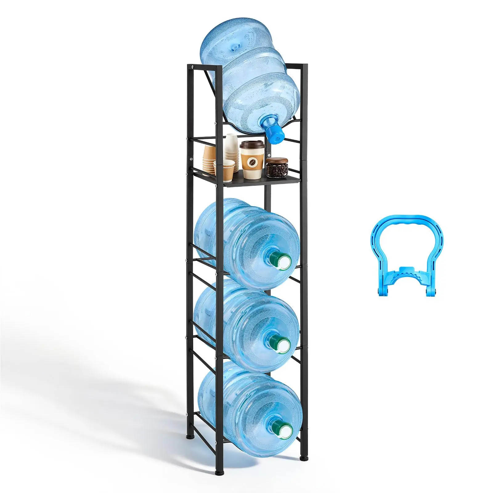 【Summerfinds】VEVOR Water Jug Holder5 Tiers 3 and 5 Gallon Water Bottle Holder for 4 BottlesHeavy Duty Jug Rack Organizer with Storage ShelfAdjustable Feetand Handlefor KitchenOfficeLiving RoomBlack