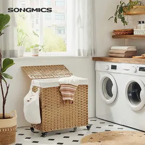 SONGMICS Laundry Hamper with Lid, Large Capacity, Rolling Laundry Basket with Wheels, 3-Section Synthetic Rattan, Removable Liner SONGMICS Laundry Hamper with Lid, Large Capacity, Rolling Laundry Basket with Wheels, 3-Section Synthetic Rattan, Removable Liner