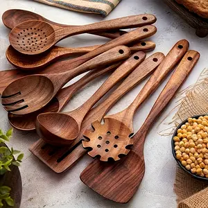 10PCS Natural Wooden Kitchen Utensil Set Non-Stick Safe Spoons & Spatulas for Cooking Stirring Mixing Flipping Serving Durable Smooth Essentials Gift for Home Chefs
