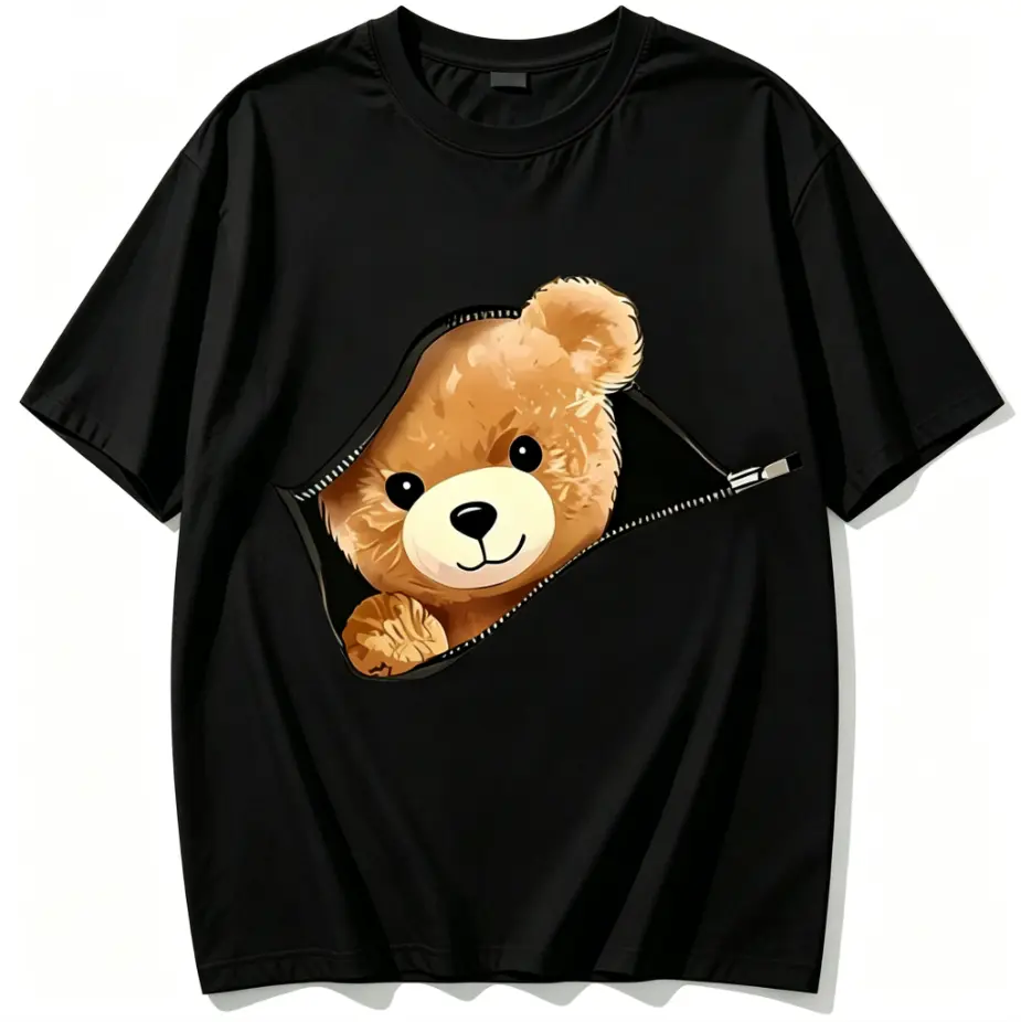Women's Breathable Cotton T-Shirt with Cute 3D Peekaboo Teddy Bear Print, Casual Chic Short Sleeve Style for Everyday Wear