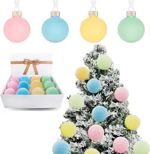 Pastel Candyland Christmas Ornaments, Velvet Flocked Hanging Balls, Blue Pink Yellow Light Green, Set of 12, 2.36", Sweet Theme Party, Christmas Easter Holiday Decorations