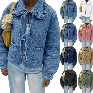 Imily Bela Womens Quilted Denim Puffer Jackets Tie Front Bow Cropped Puffy Jackets Fall Cute Short Jeans Coat