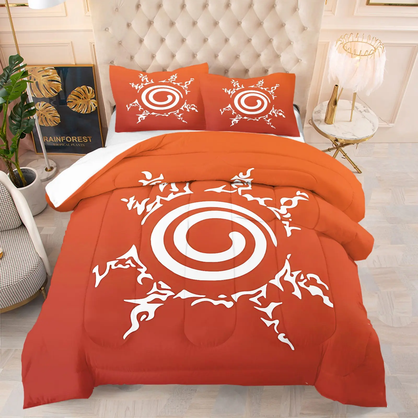 Naruto-themed Elements Naruto Nine-Tails Seal Printed Quilt Set, One Quilt And 1/2 Coreless Pillowcases, A Style For The Bedroom, Dormitory, And Home Atmosphere For Anime Enthusiasts, A Great Gift Item, Quilt Bedding Set