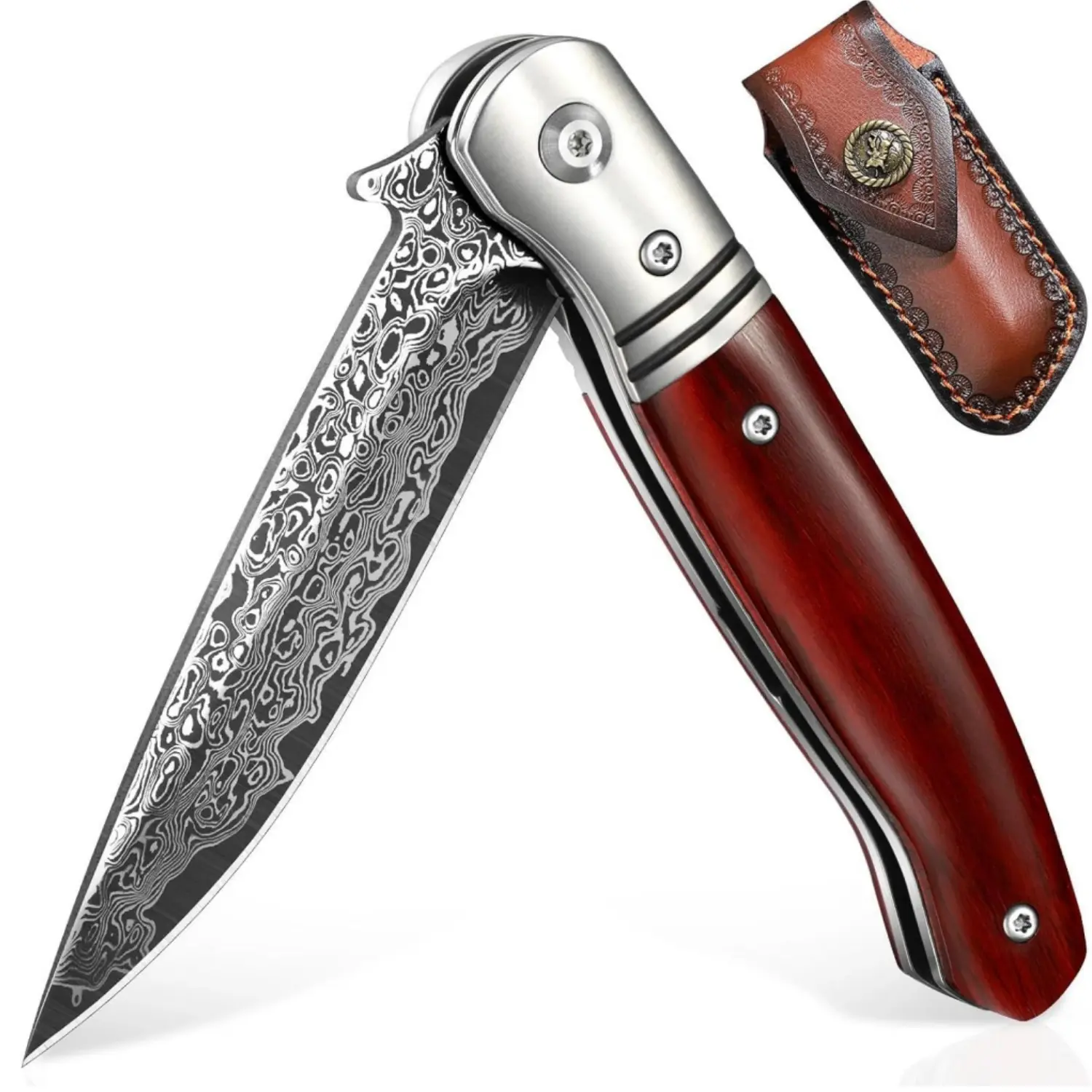 Purple Dragon Damascus Pocket Knife for Men, 3.3" Damascus Steel Folding Knife with Wood Handle & Leather Sheath, EDC Pocket Knives for Camping, Cool Mens Gifts Idea for Husband Dad