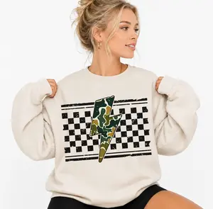Checkered Camo Lightning Bolt Crewneck Sweatshirt, Camo Distressed Lightning Bolt Shirt, Checkered Hunting Mom - Mama Gift, Camo Lovers Tee