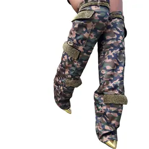 BUNNO Camo Olive STILETTO HEEL FOLDOVER THIGH IIGH BOOTS
