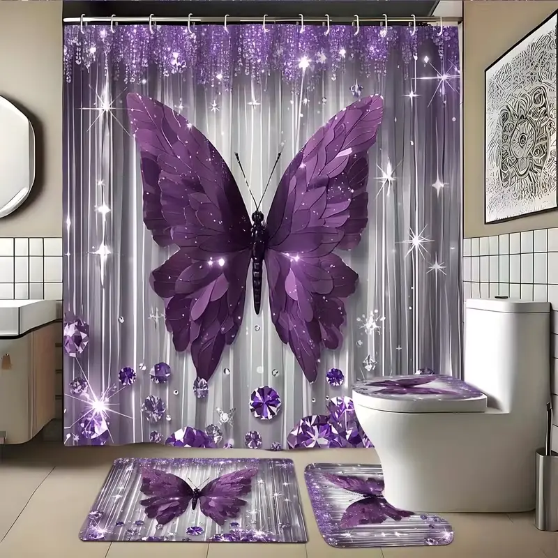1/4 pc diamond butterfly pattern design, Waterproof shower curtain set, non-slip mat, U-shaped rug, toilet seat cover, Bathroom Decoration Accessories, includes 12 shower curtain hooks