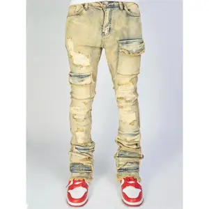 Men's Denim Cargo Straight Pants Fashion Ins Hot Elastic Ripped Denim Layered Flared Men's Pants Jean Menswear Trouser Motocross Beige Plain patch  pants