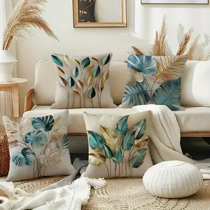 Set of 4 Tropical Plant Leaf Pillow Covers in Blue-Green And Golden, Square Sofa Cushion Covers with Zipper, Single-Sided Print, Machine Washable, Suitable for Sofa, Living Room, Bedroom, Without Inserts, Bedroom Decorative Accessories