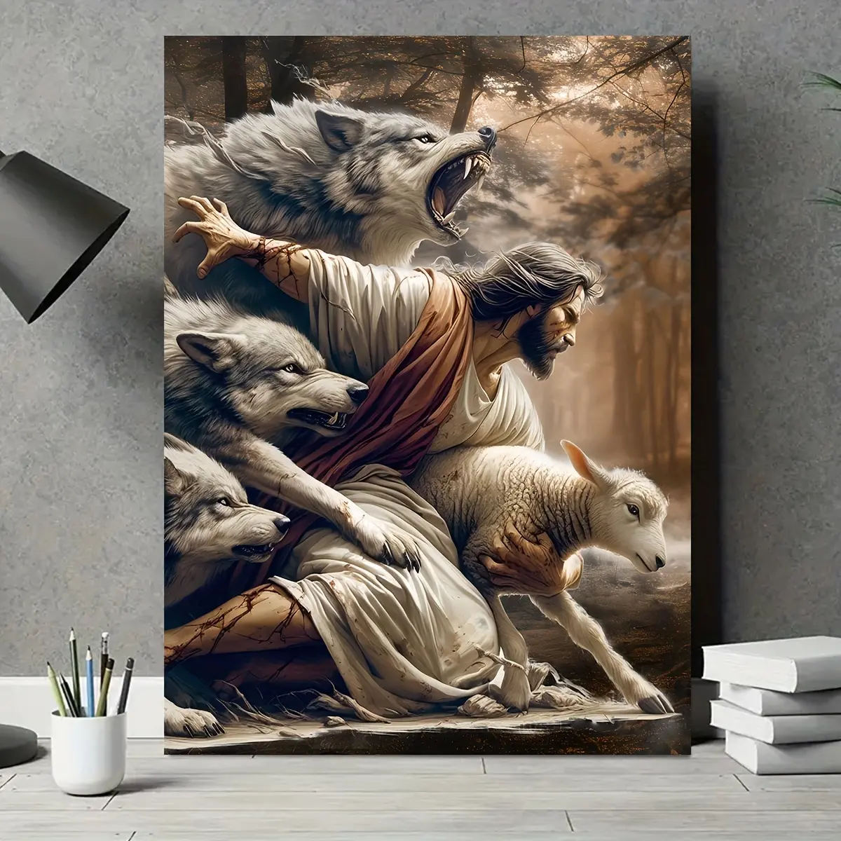 High-definition printed canvas art core, 1 piece of Jesus, Wolf and Sheep wall art poster, classic style, suitable for living room, bedroom, study, church wall decoration hanging picture - perfect wall decoration, home decoration, festival gift
