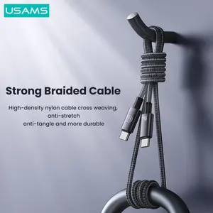 USAMS 60W Type-C to Type-C Cable with Nylon Braid 480Mbps Data Transfer Aluminum Alloy Reinforced Connector 0.25m/1.2m Anti-Tangle for Phones Laptops