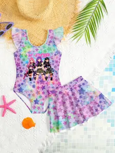 Girls' Cute K-Pop Anime Star Sequin Swimwear Set, Soft Comfortable Fabric, Sleeveless One-Piece Swimsuit and Short Skirt, Beach Vacation Wear