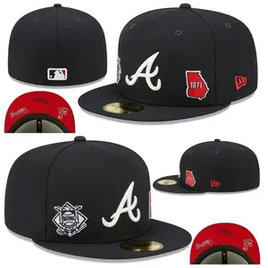 New Era MLB Atlanta Braves 59FIFTY Fitted Cap Black Flat Brim Baseball Hat with White Embroidered A Logo Red Undervisor and Premium Side Patch Details.