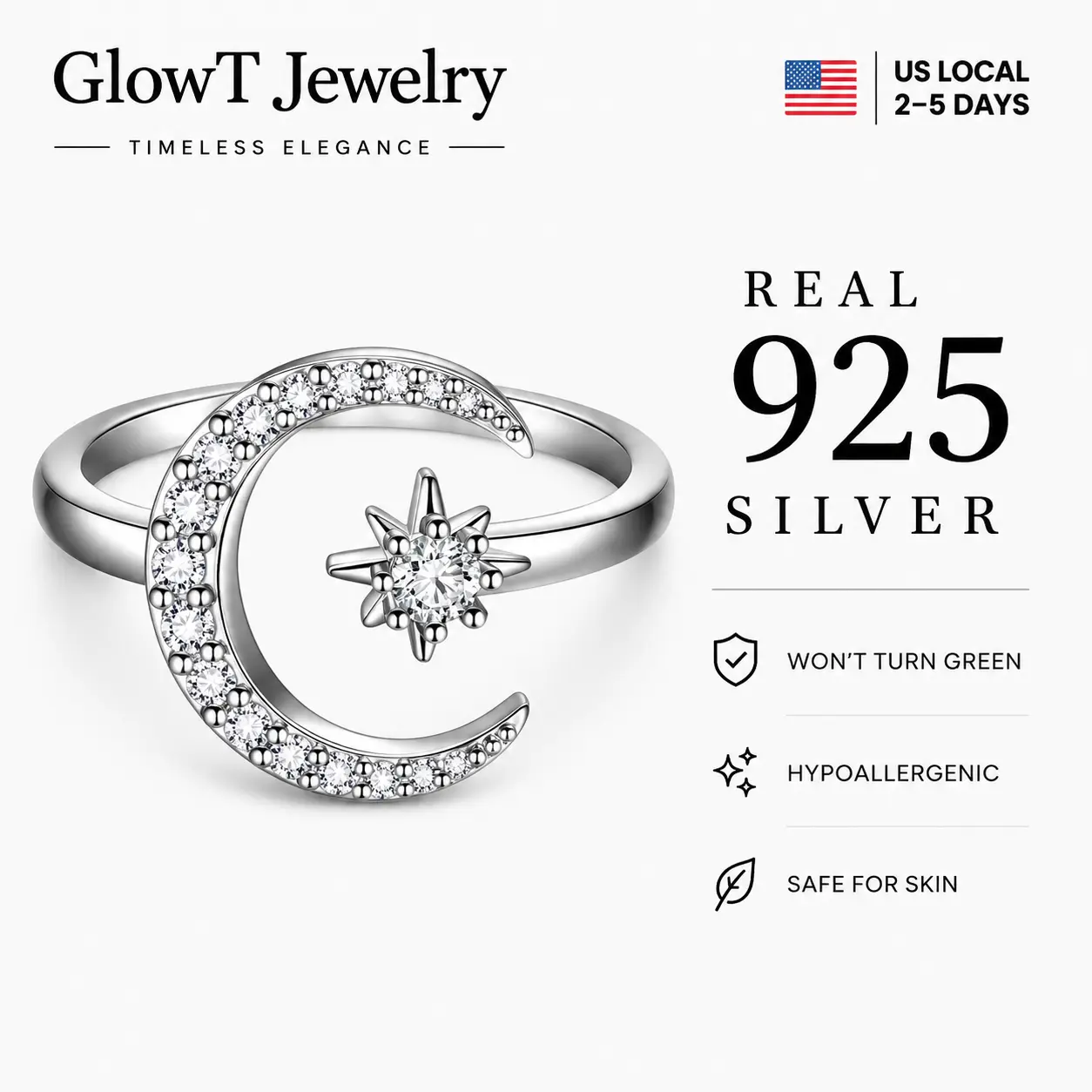 S925 Sterling Silver Moon Star Open Ring - Sparkling Cubic Zirconia Crescent Moon & Star Adjustable Band, Nickel-Free Tarnish-Resistant Silver Ring, Comfort Fit for Women, Perfect for Everyday Wear, Date Nights & Boho Style