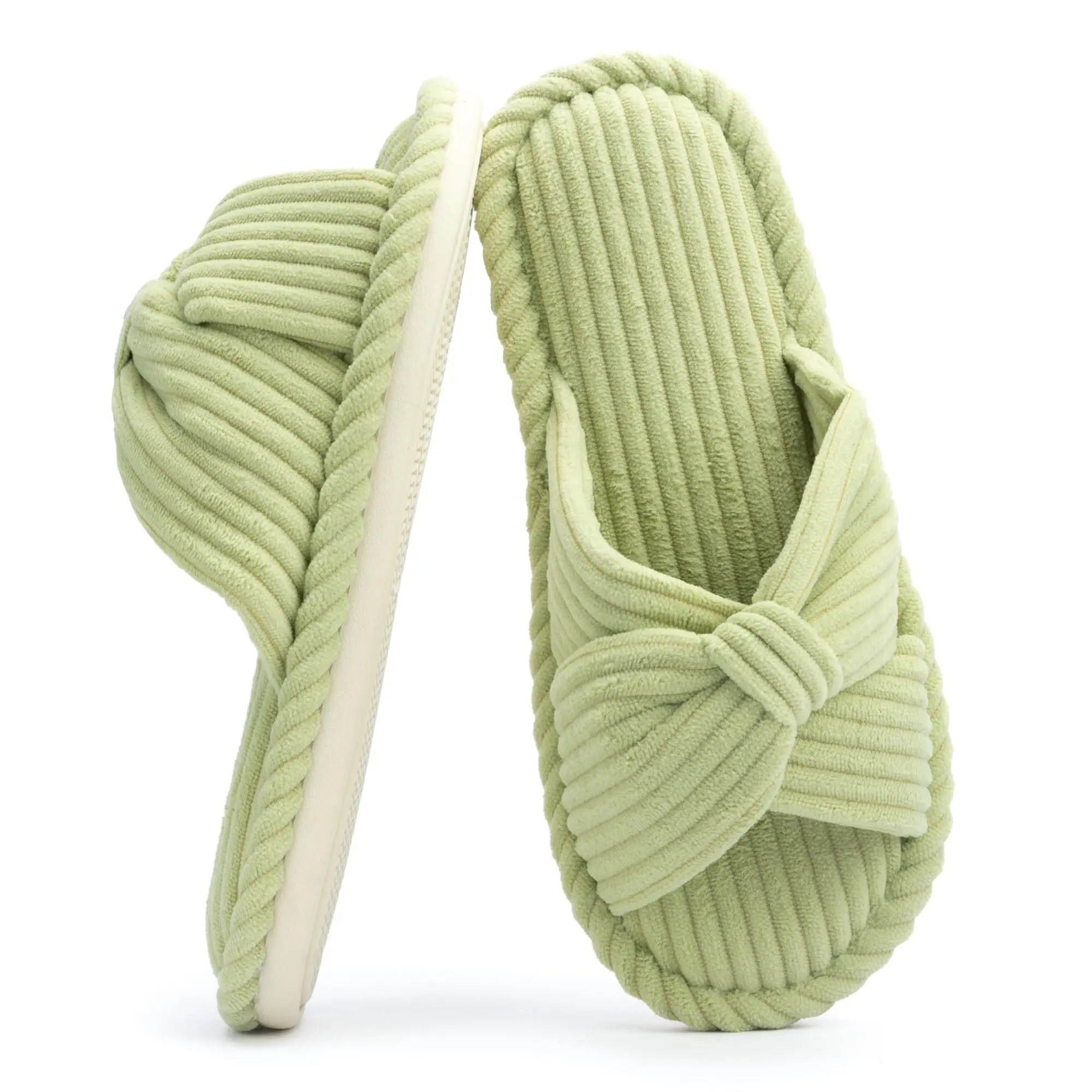 Chantomoo Open Toe Corduroy Bow Slippers for Women Memory Foam Cozy House Shoes Gift