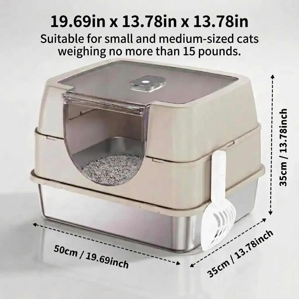 Premium Cat Litter Box for Small/Medium Cats Up to 15lbs, Stainless Steel Base & Plastic Shell（19.69in x 13.78in x 13.78in）Litter Cabinet, 3-Part Modular System, Odor Blocker Deodorizer, Antibacterial Non-Stick Flip-Top Lid, Gray/Beige Enclosure, Home Dec