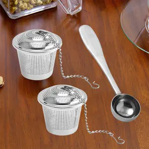 2Pack Tea Infuser for Loose Tea, Loose Leaf Tea Infusers Set, Fine Mesh Tea Steeper with Spoon and Drip Trays, Tea Diffusers with Extented Chain Hook for Tea Lovers Steel Strainer