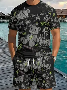 Street-style graffiti bear printed casual 3D digital printed two-piece set, trendy fashion suit, retro casual two-piece outfit, vacation-style trendy wear, breathable sports casual style, an ideal holiday gift for men