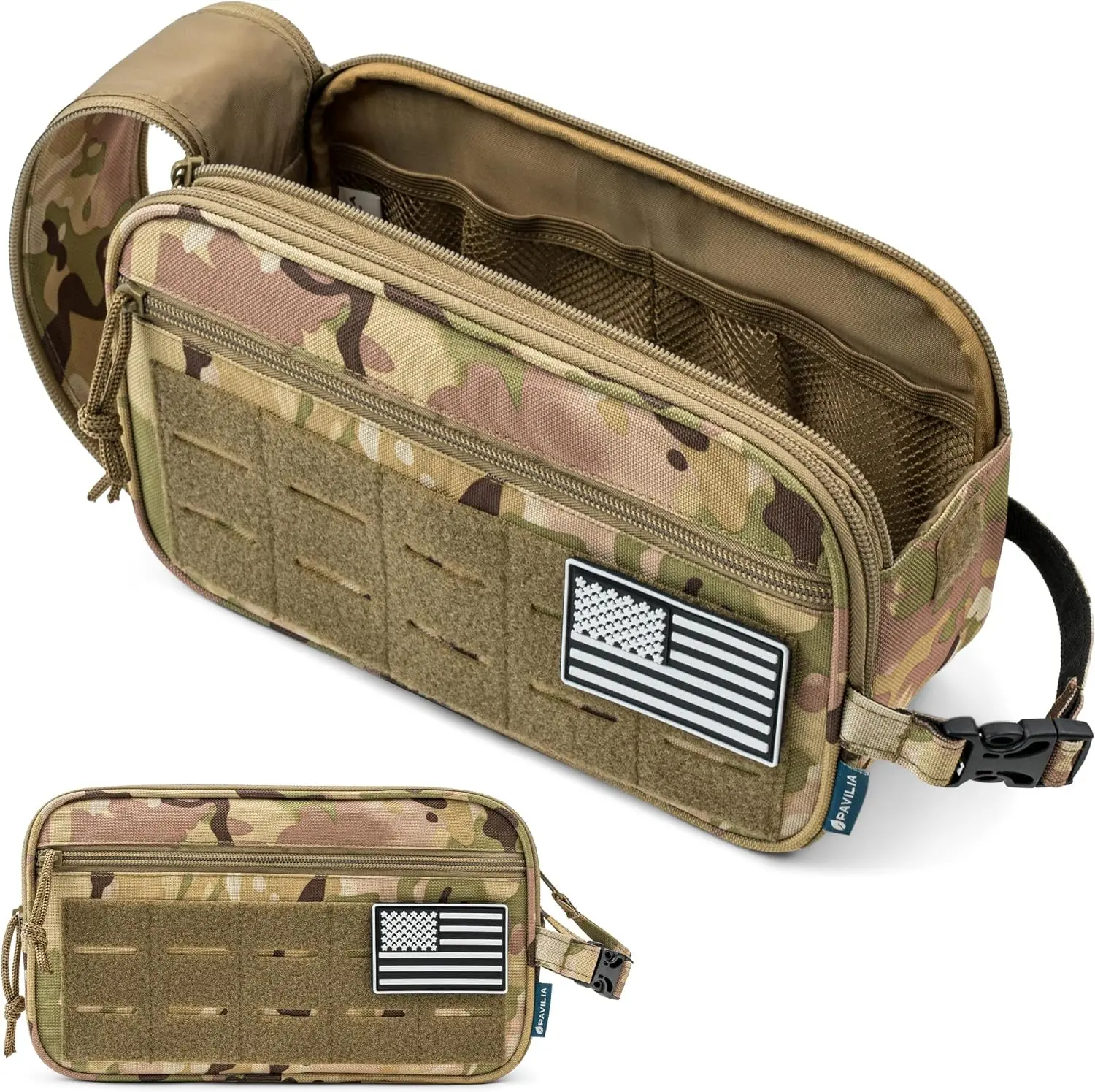 Tactical Toiletry Bag for Men, Water Resistant Molle Military Dopp Kit, Travel Hygiene Organizer with Wet Dry Storage for Shaving, Grooming, Gym and Camping, Camo