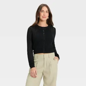 A New Day Women's Pointelle Cardigan - Fitted Button Front, Lightweight Cotton-Viscose Blend, Long Sleeves, Crew Neckline, Ribbed Cuffs, Below Waist Length