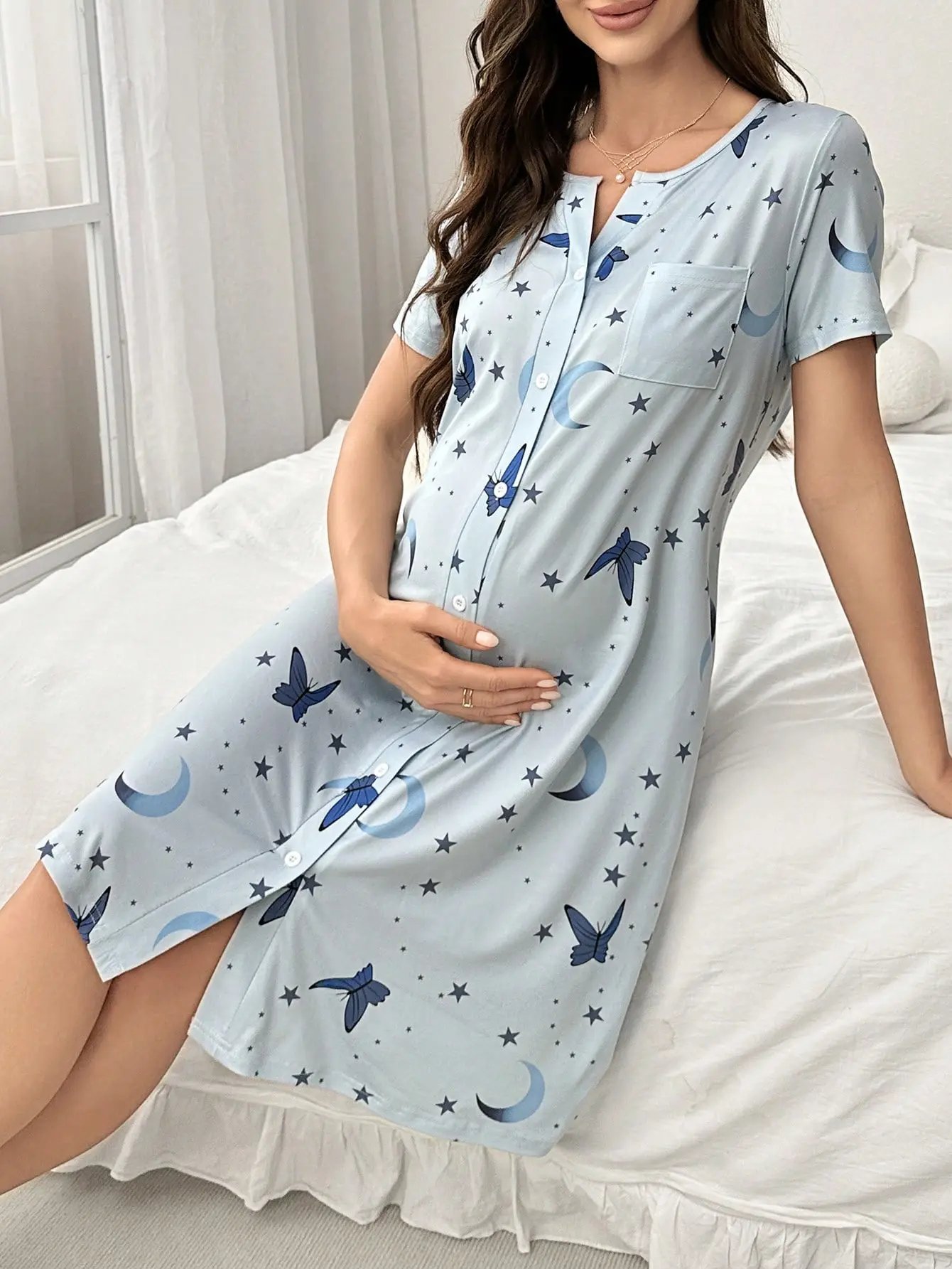 Maternity Nursing Nightgown with Button-Front Design, Short Sleeves, High Waist, and All-Over Prints for Comfort and Style mommy