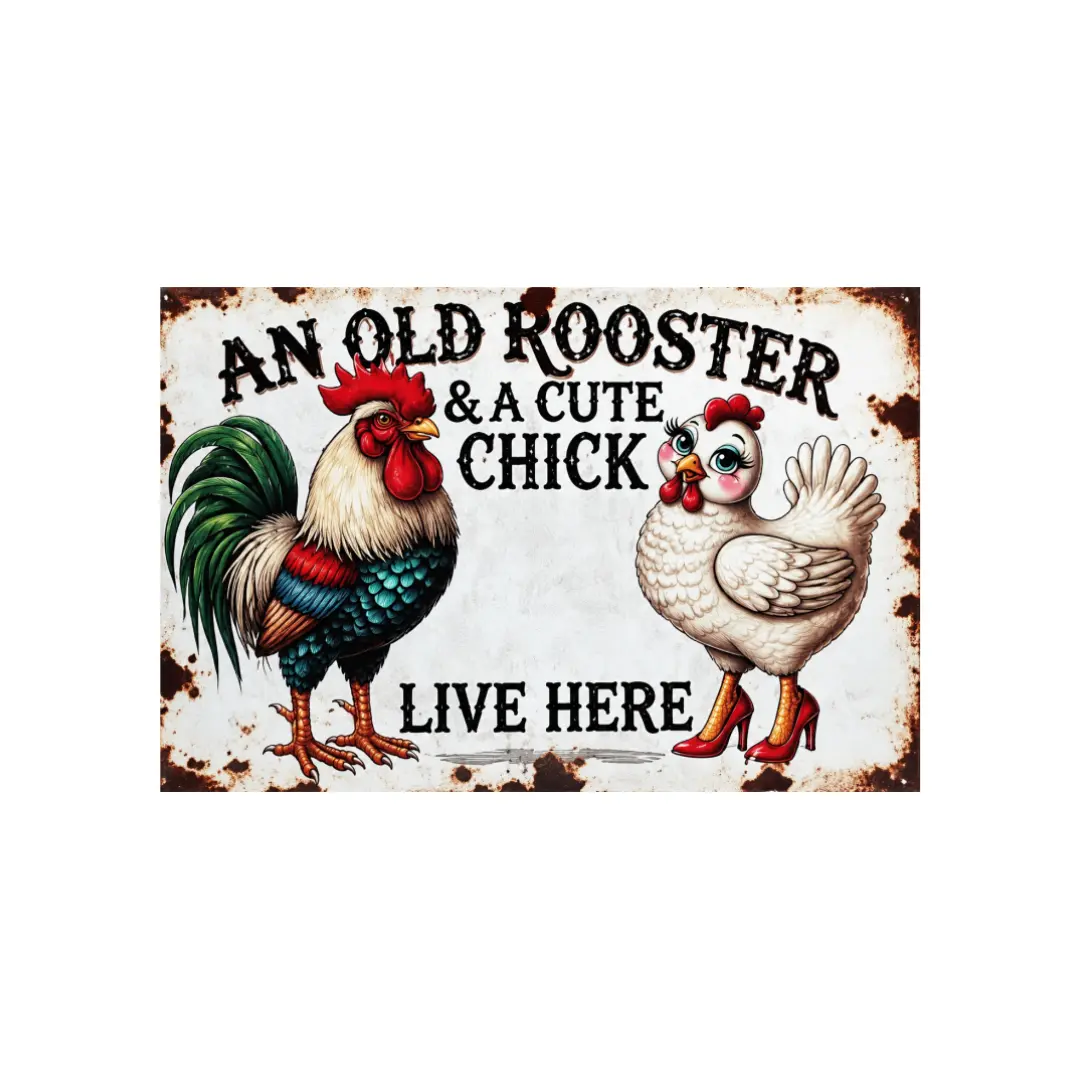 8x12 in Vintage Farmhouse Metal Tin Sign - Mountable Animal Decor with Cute Chick & Old Rooster, Casual Rustic Country Plaque for Kitchen, Thanksgiving Wardrobe Gift for Farm Lovers