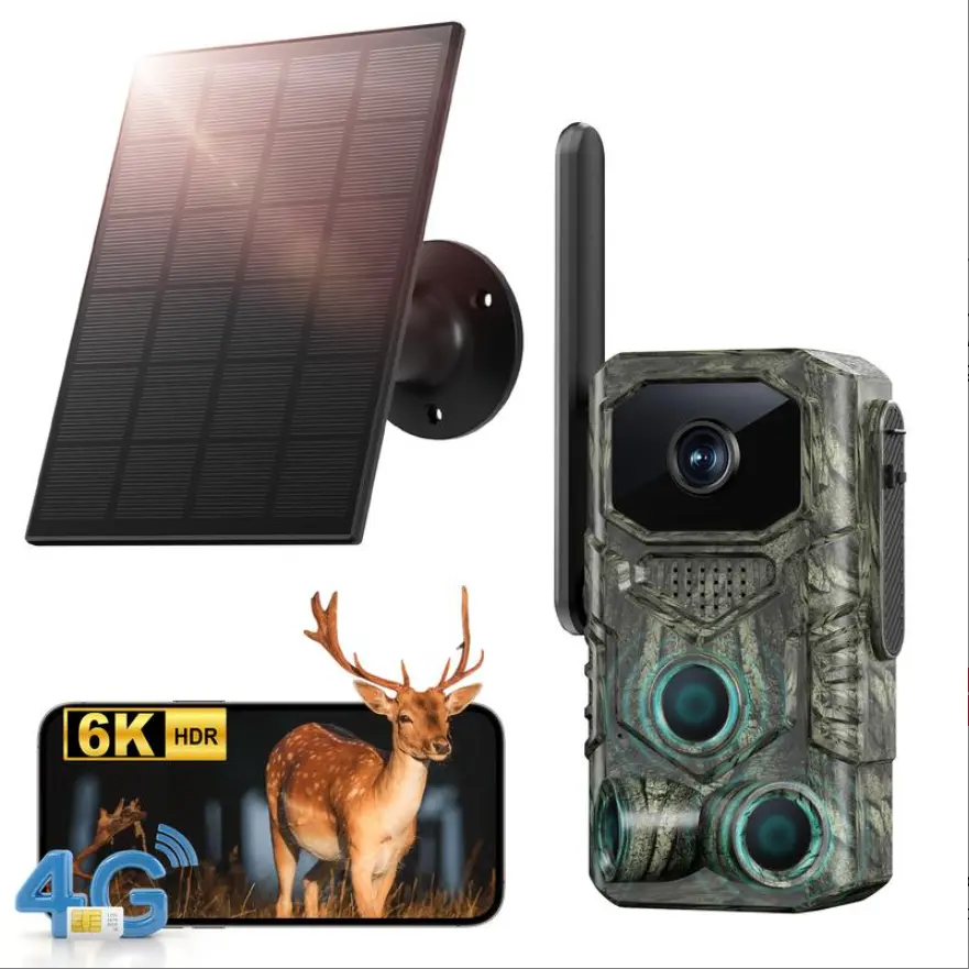 Solar-Powered Cellular 4G LTE Trail Camera - 4MP HD Night Vision, 0.1s Trigger Speed, IP67 Waterproof, APP Remote Control, Camouflage, Carbon Fiber Holster for Hunt Gear, Home Security, Wildlife Monitoring