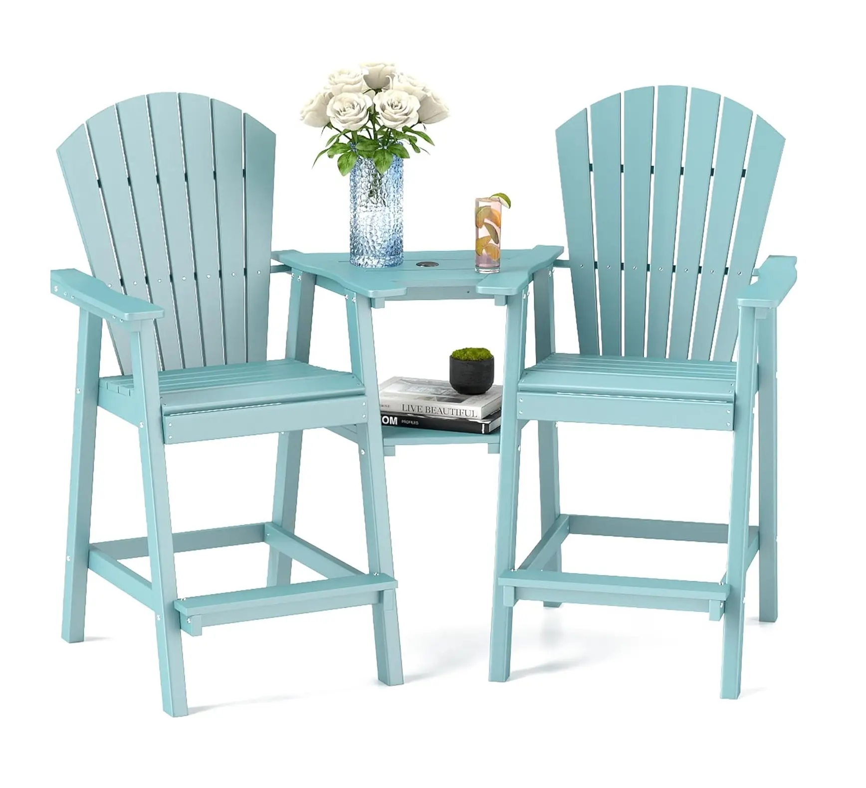 FOOWIN 2-Piece Tall HDPE Adirondack Patio Stool Chairs - Weather-Resistant Outdoor Conversation Furniture with Double Connecting Tray, Tall HDPE Adirondack Chair W Double Trays for Deck, Lawn, Patio, Pool, Backyard