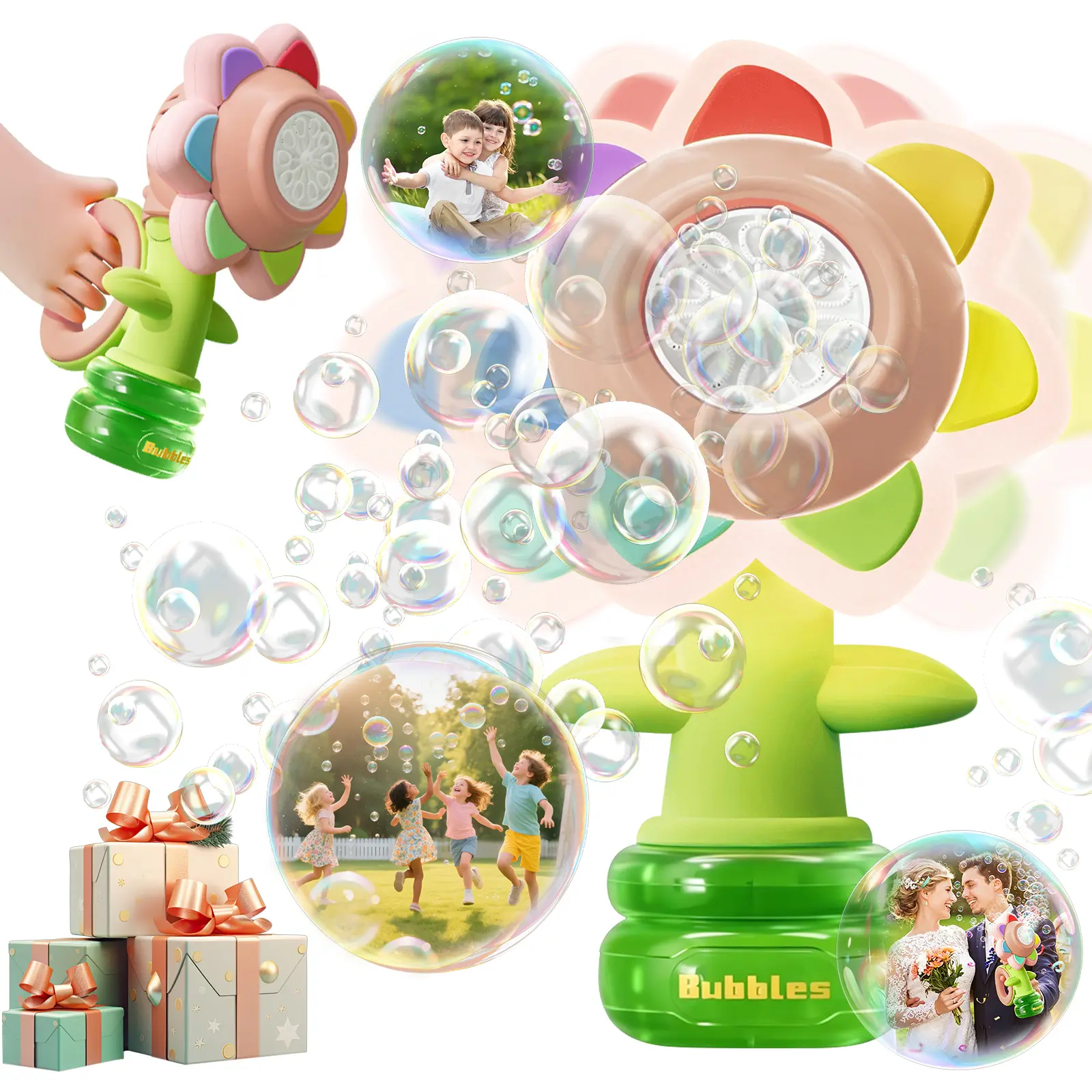 Bath toy, Summer Toy Gift for Indoor Outdoor Birthday Wedding Party,Bubble Machine for Adults Kids,Seven-color Flower Bubble Machine，Handheld Design，Night Light ，Large Bubble Output，usb rechargeable， Sunflower， Portable Round，Colorful Multifunction Play