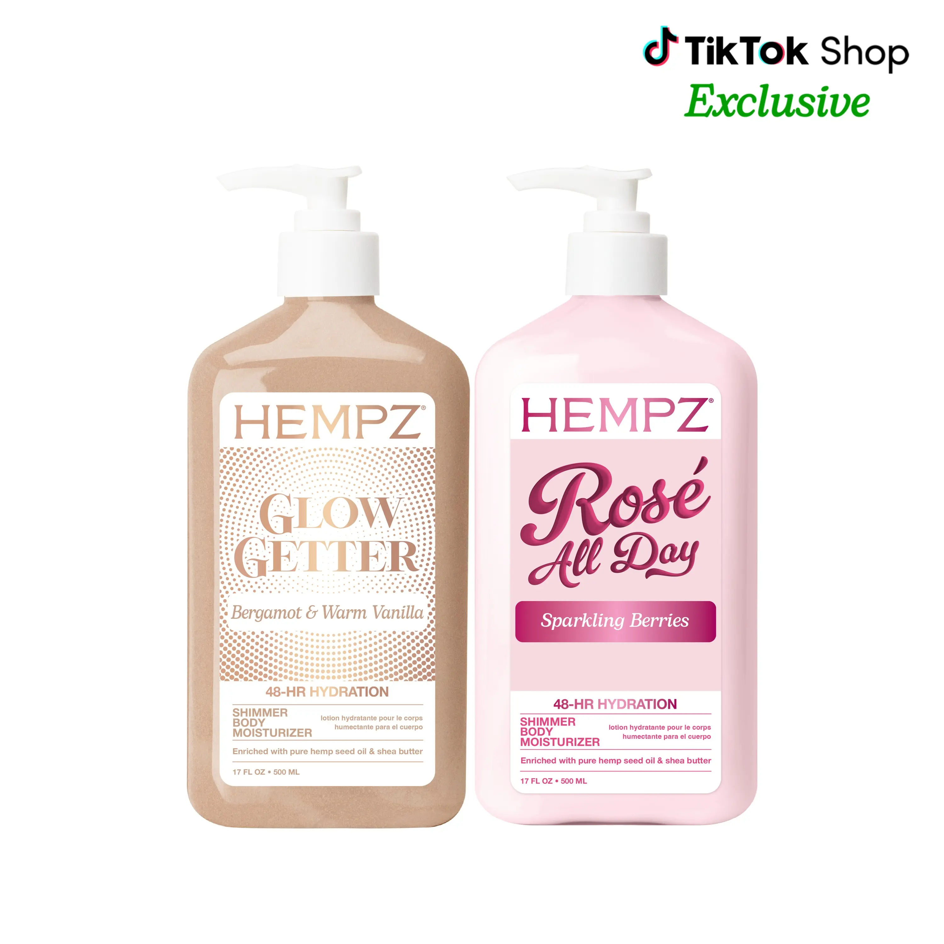 Hempz Exclusive Glow Getter & Rosé All Day Moisturizing Body Lotions with Shimmer Bundle