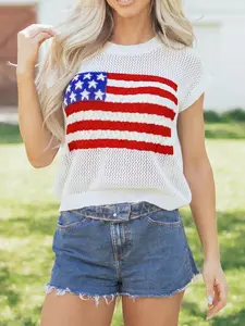Women's American Flag Shirt 4th of July Patriotic Tops Short Sleeve Crochet Knit Sweater Casual Pullover