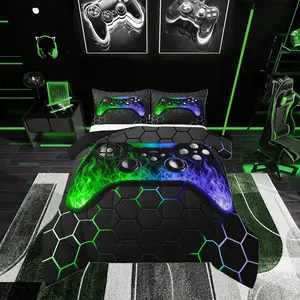 Gaming Comforter Set for Boys,Gamer Green Black Bedding,Gaming Room Decor 3D Video Game Comforter,Game Geometric Quilted Gamer Bedding Sets for Gifts