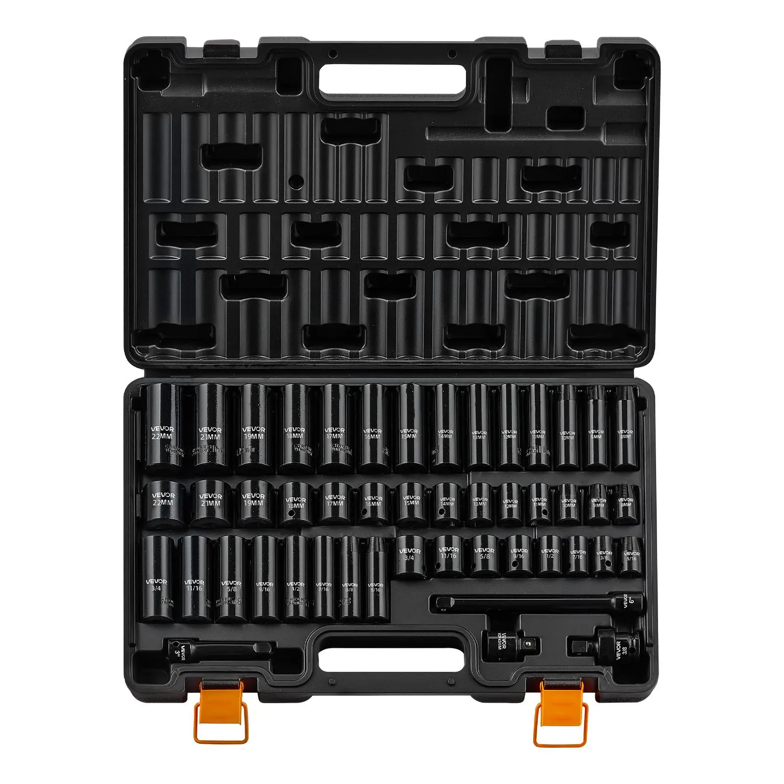 【Father's Day Gift】VEVOR 3/8" Drive 48-Piece 6-Point Impact Socket Set for Mechanic, SAE 5/16"-3/4", Metric 8-19 mm & 21-22 mm, Cr-V Alloy Steel, Easy to Identify, 1/2" F to 3/8" M Ratchet Adapter, Extension Bar, Convenient Storage Cage, Work Tools, Tools