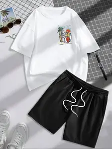 Men's Coconut Tree & Surfboard Tropical Print Tee & Drawstring Waist Shorts Two-Piece Set, Regular Fit Casual Round Neck Short Sleeve T-shirt & Track Shorts, Men's Summer Clothes
