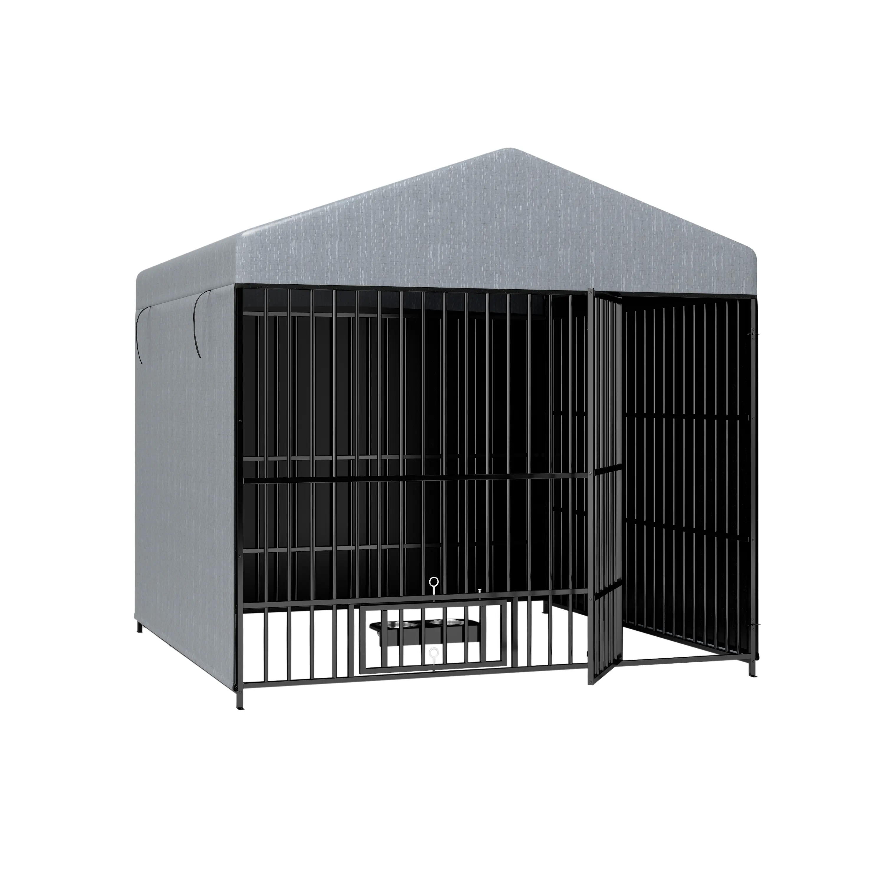 Extra Large Heavy-Duty Wire Metal Enclosed Escape-Proof Dog Kennel - Outdoor 6.6'L x 6.6'W x 6.4'H Playpen, Cage with Stand, Crate Cover Canopy, Enclosure Frame, Raised Legs, Lockable Feed Door, Easy Setup, Cage With Stand Kennels, Crate Cover Kennels