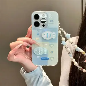 Crystal transparent white light splicing bow three-dimensional small fish Protective phone case Cover with chain for iPhone 11 12 13 14 15 16 pro max Accessories