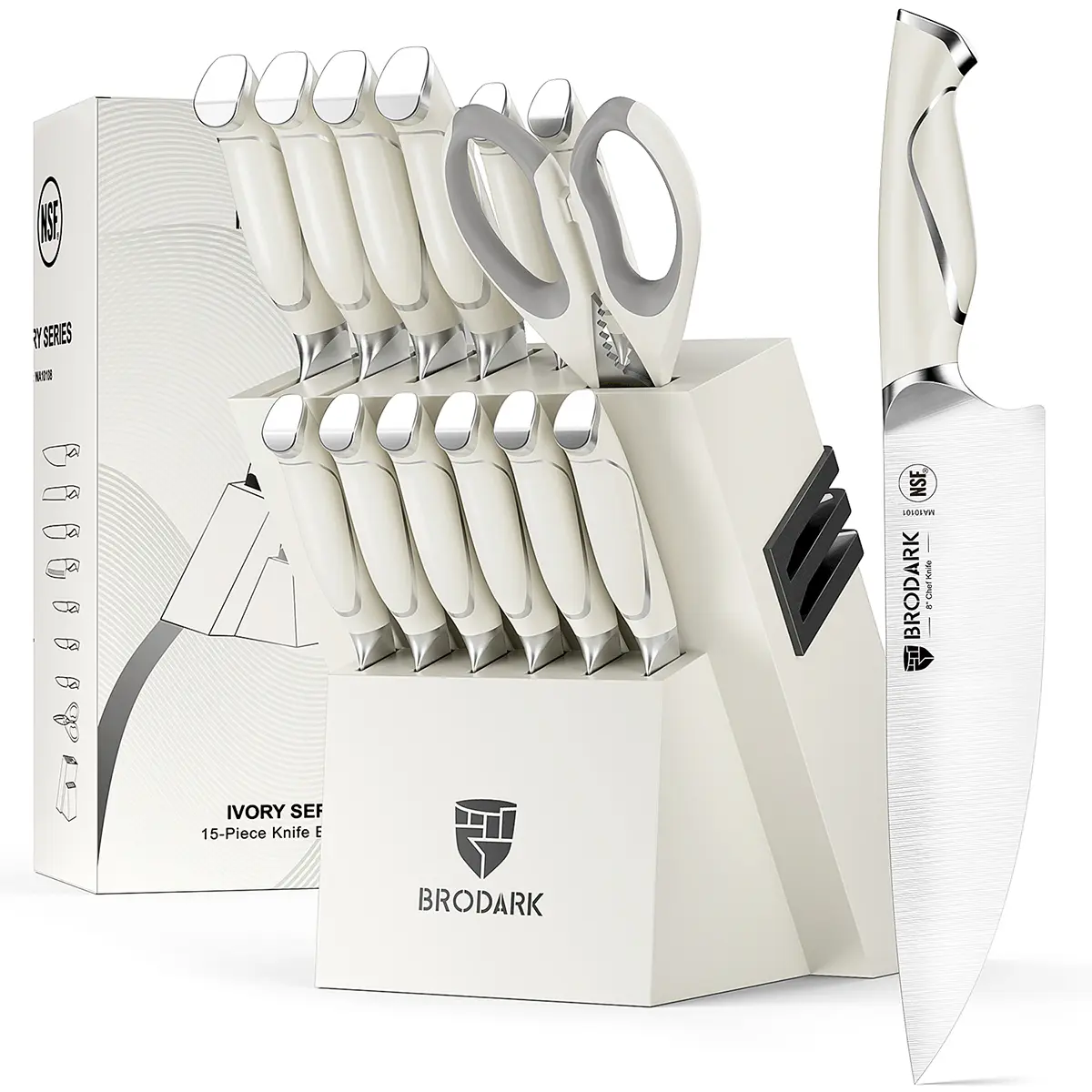 BRODARK Ivory Series 15-Piece Full Tang Ergonomic Professional Kitchen Knives Set, NSF Certified High Carbon Stainless Steel, Durable Balanced Design, Kitchenware Storage Block with Built-in Sharpener