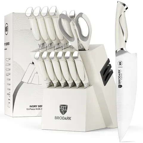BRODARK Ivory Series 15-Piece Full Tang Ergonomic Professional Knives Kitchen Set, NSF Certified Rustproof High Carbon Stainless Steel, Balanced Design, Durable Scratch Resistant Serrated Blades, Wood Storage Block with Built-in Sharpener for Heavy Use