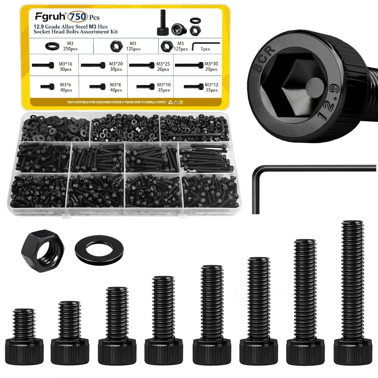 750PCS M3 Screws Assortment Kit, Hex Socket Head Bolts Nuts Washers Set, Alloy Steel Black Zinc Plated M3 Screws for 3D Printer DIY Repair Hardware Set