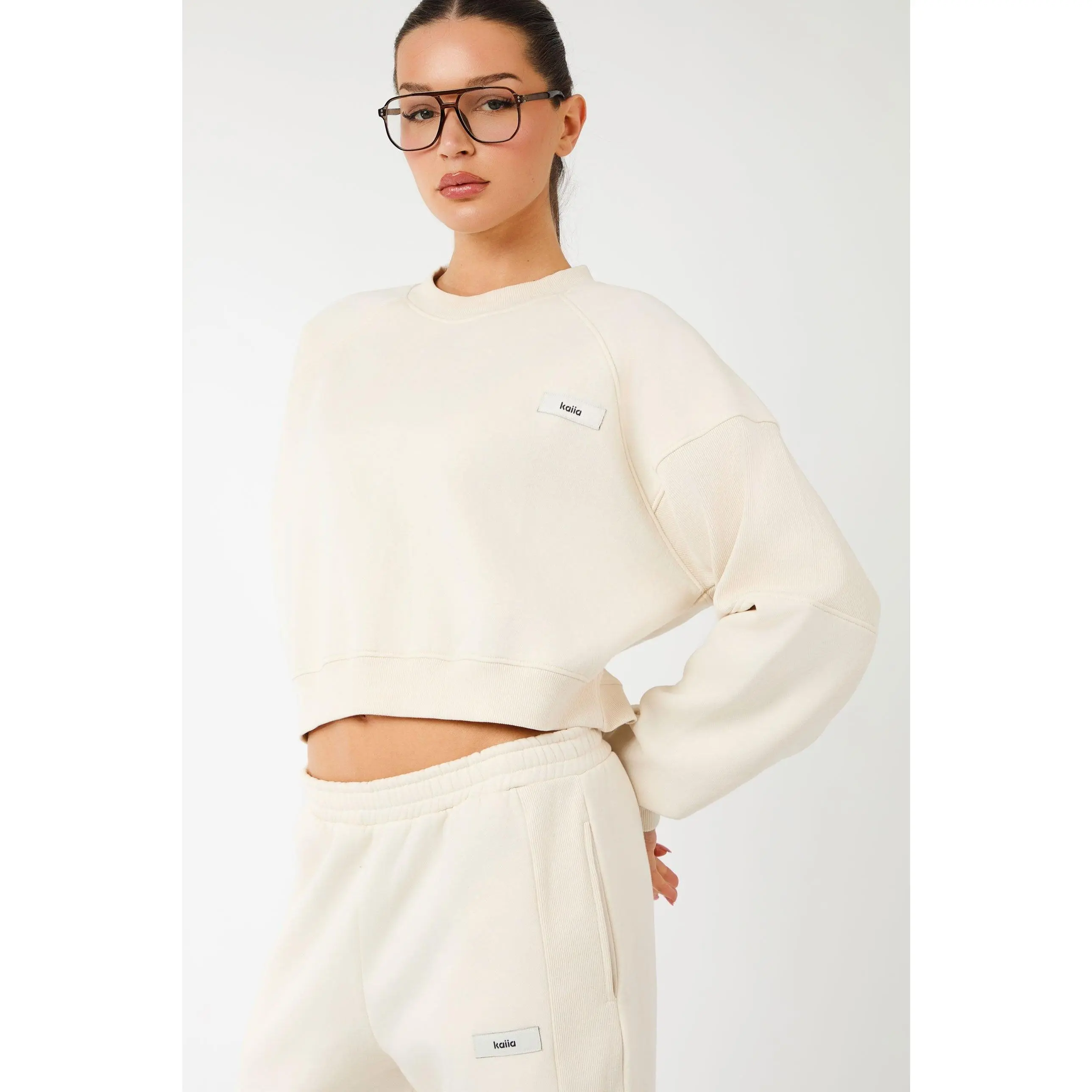 Kaiia Label Logo Rib Panel Cropped Oversized Sweatshirt Cream