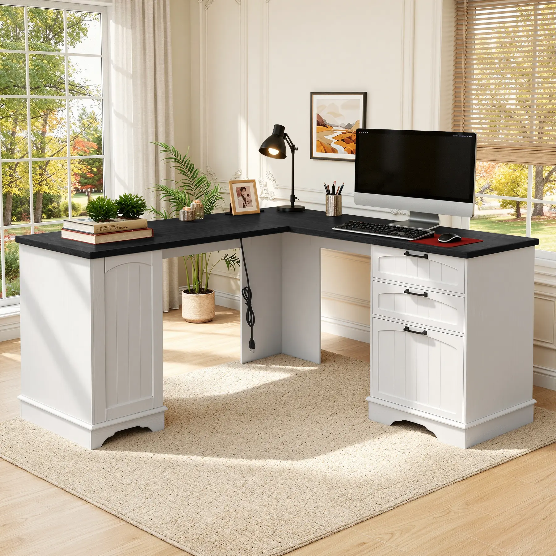 59" Farmhouse L Shaped Desk, Large Office Computer Desk with Power Outlets,Storage Cabinet & Double Pedestal, Home Office Desk for Work, Study, Writing
