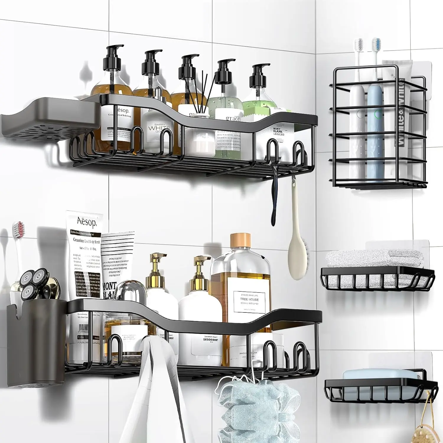 7-Piece Rustproof Stainless Steel Adhesive Shower Organiser - No-Drill Wall-Mountable Installation, Smooth Hollow Drainage Bathroom Shelves, Large Storage with Soap Dish, Toothbrush Holder, 24 Adhesive Hook Racks & Hanging Racks for Home Bathrooms summerv